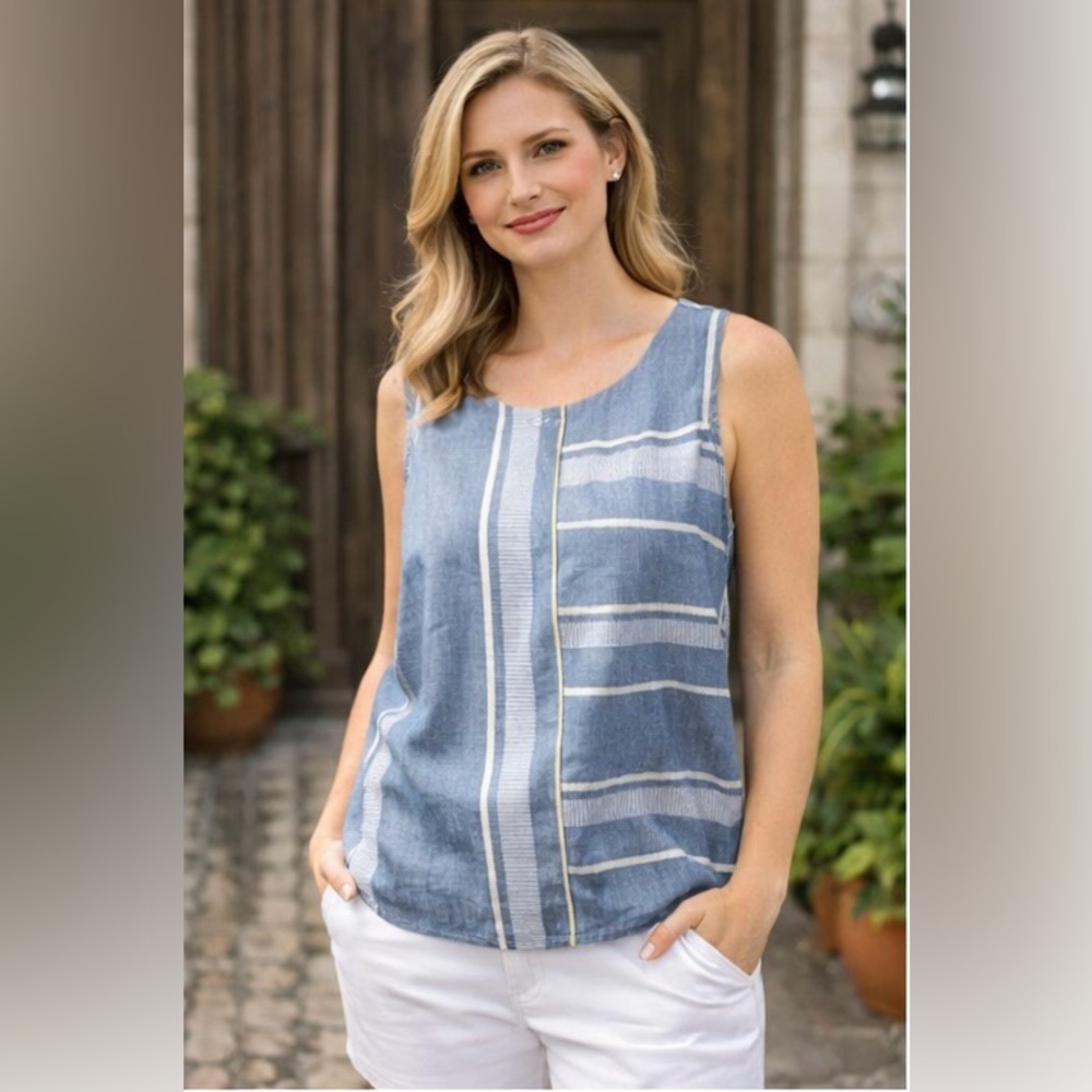 Ellen Tracy Linen Blue Striped Tank Top